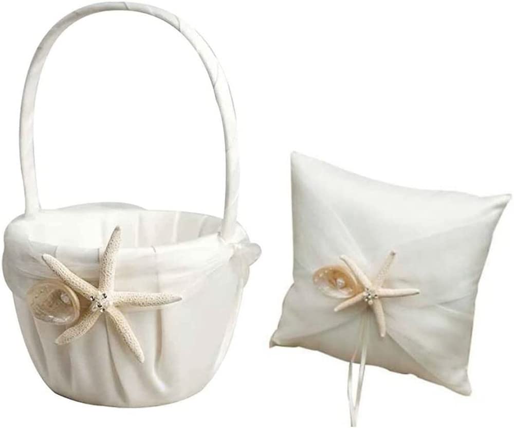 2Pcs Beach Theme Wedding Supplies Set Starfish Seashell Design Flower Girl Basket + Ring Bearer Pillow for Bridal Wedding Shower Ceremony Anniversary Celebrations Party Decorations Wedding Accessories