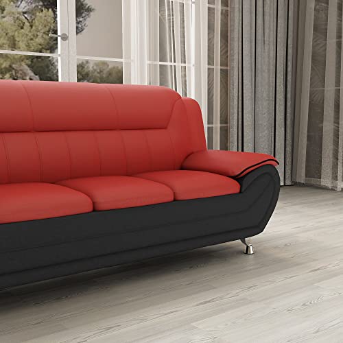 US Pride Furniture Michael Collection Modern Style Faux Leather Couch-Versatile 3 Seater Accent Piece for Living Room, Bedroom or Office-Comfortable Design and Elegant Look, 79" Sofa, Red/Black