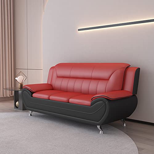 US Pride Furniture Michael Collection Modern Style Faux Leather Couch-Versatile 3 Seater Accent Piece for Living Room, Bedroom or Office-Comfortable Design and Elegant Look, 79" Sofa, Red/Black