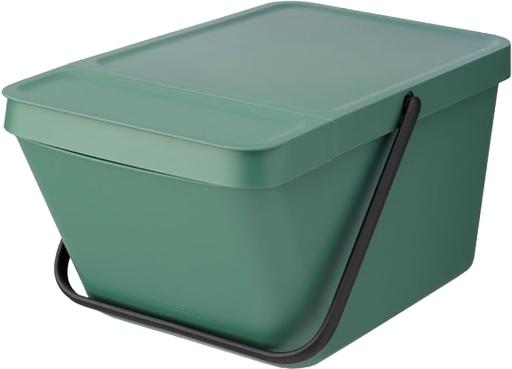 Brabantia Sort & Go Stackable 5.3 Gallon Recycling Wastebasket (Fir Green) Flat Top Trash Can with Carry Handle, Storage Bin, Paper Basket - 11 x 17.7 x 8.9 inches