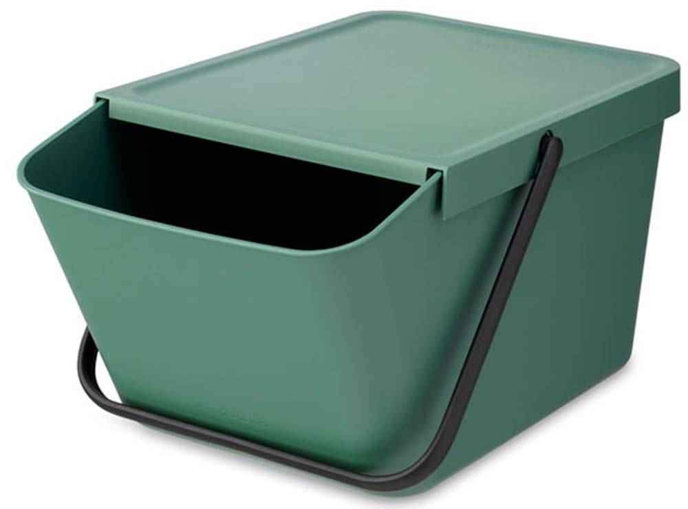 Brabantia Sort & Go Stackable 5.3 Gallon Recycling Wastebasket (Fir Green) Flat Top Trash Can with Carry Handle, Storage Bin, Paper Basket - 11 x 17.7 x 8.9 inches