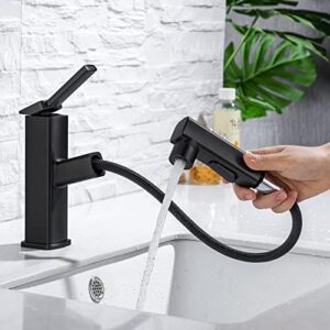 HANLIAN Single Hole Pull Out Faucet for Bathroom Sink, Black Sink Faucet Bathroom, One Handle Modern Bathroom Faucet with Pull Down Sprayer, 3 Modes Bathroom Pull Out Faucet with Rotating Spout