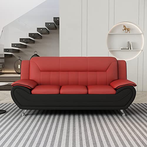 US Pride Furniture Michael Collection Modern Style Faux Leather Couch-Versatile 3 Seater Accent Piece for Living Room, Bedroom or Office-Comfortable Design and Elegant Look, 79" Sofa, Red/Black