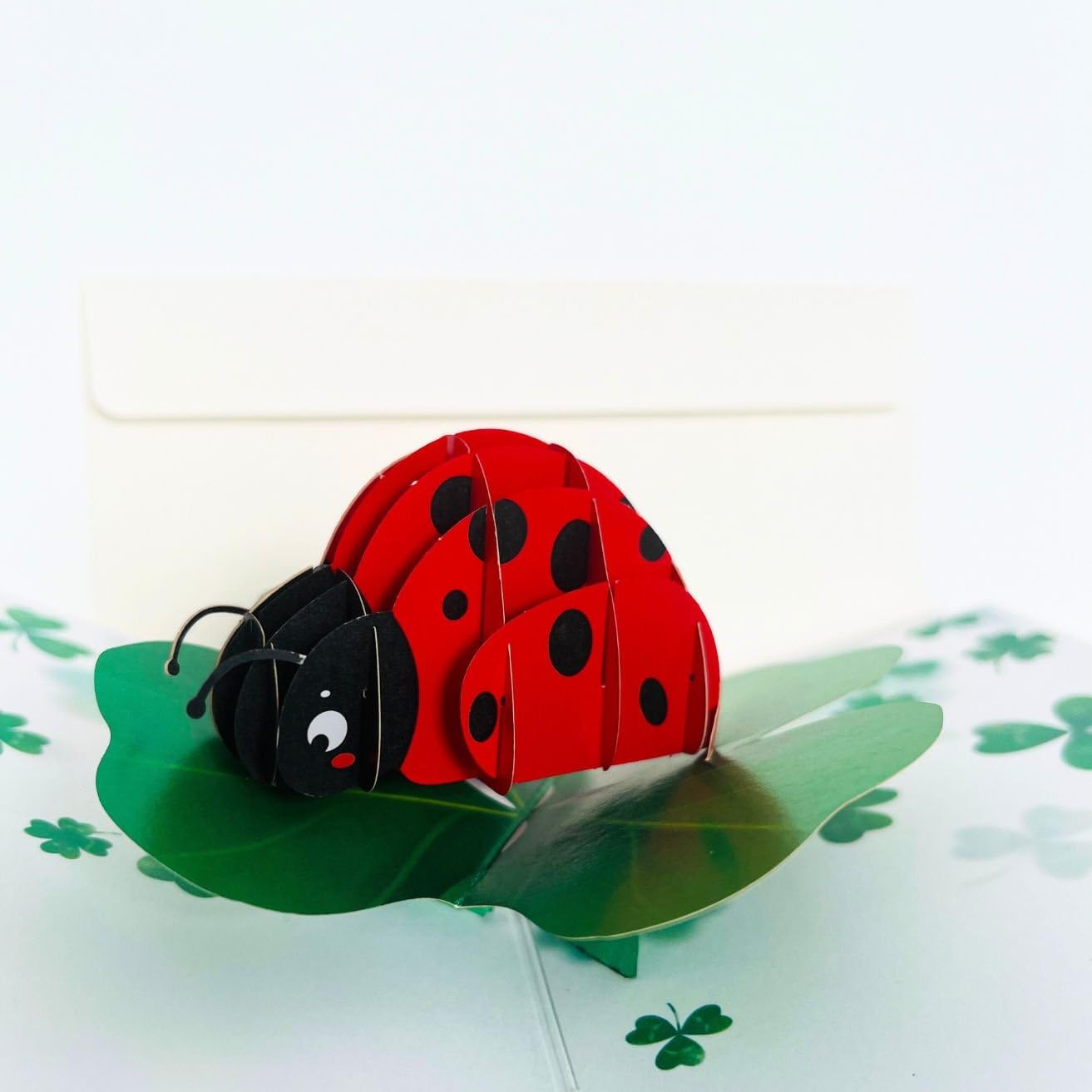 Paper Pop Up Cards 4.7x6.69 inch, ladybug with lucky plant, 3D Popup Greeting Cards with Note Cards and Envelopes, perfect for pop-up bursting birthday gift.