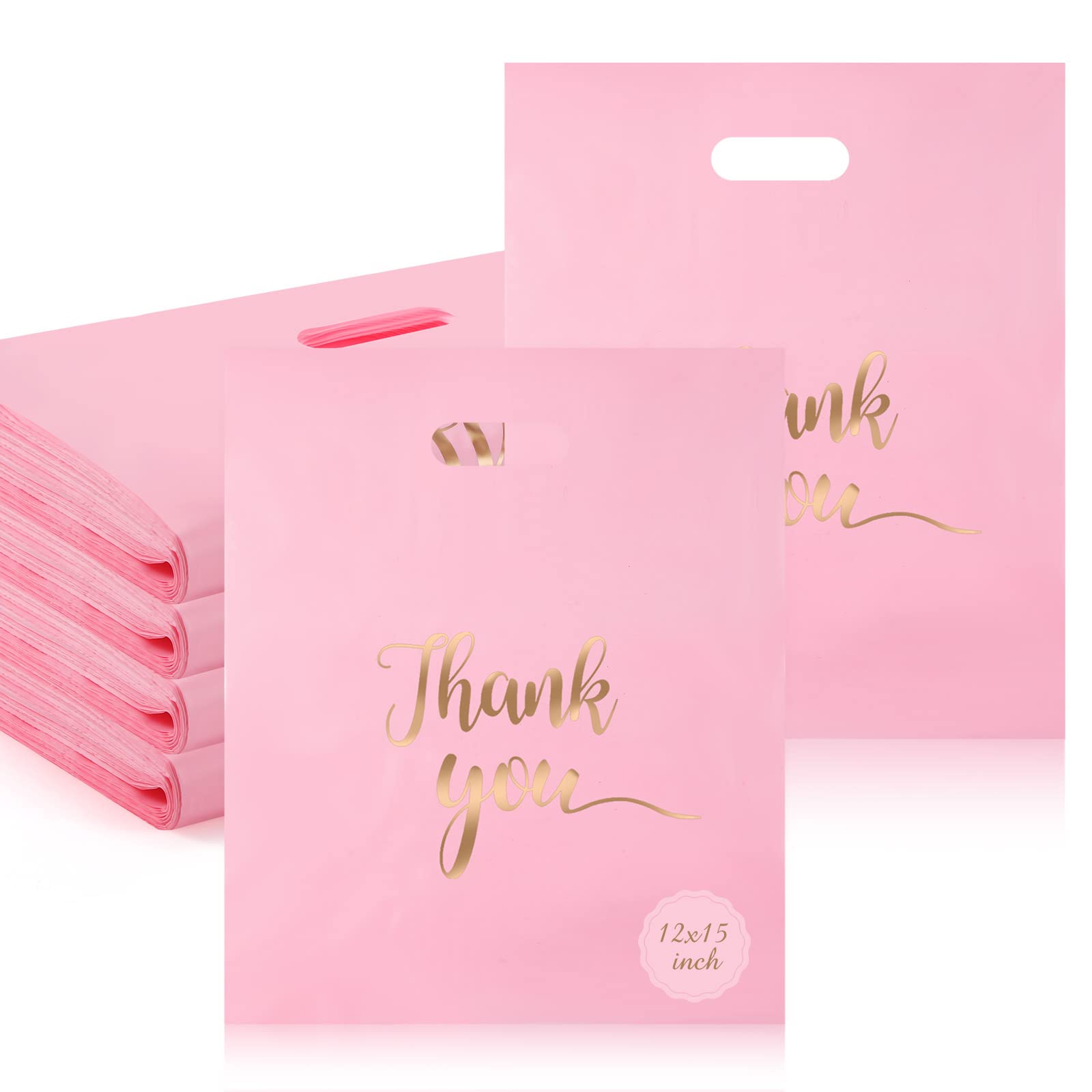 200 Pieces Plastic Thank You Bags Plastic Shopping Bags for Small Business Pink Gift Bags with Handles Merchandise Bags with Gold Thank You Logo for Party Stores Business Gift Supplies (12 x 15 Inch)