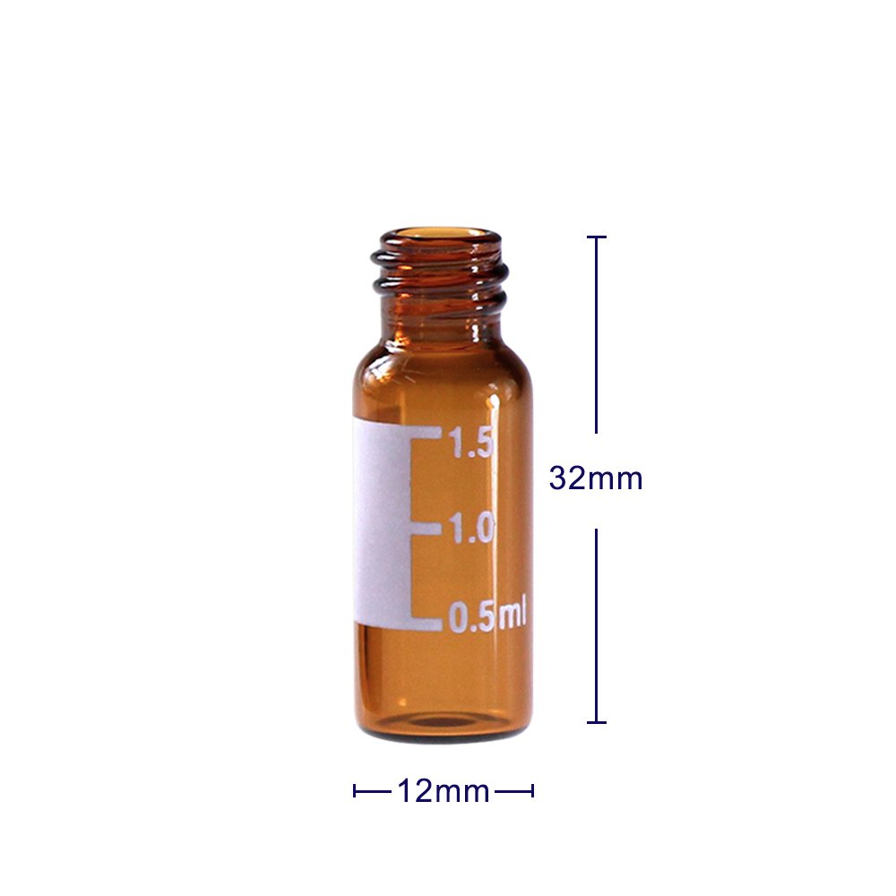 2 ML Autosampler Vial, Amber 8-425 HPLC, 8mm Chromatography Lab Vial with Writing Area, Black Screw Cap&Septa, 100 pcs