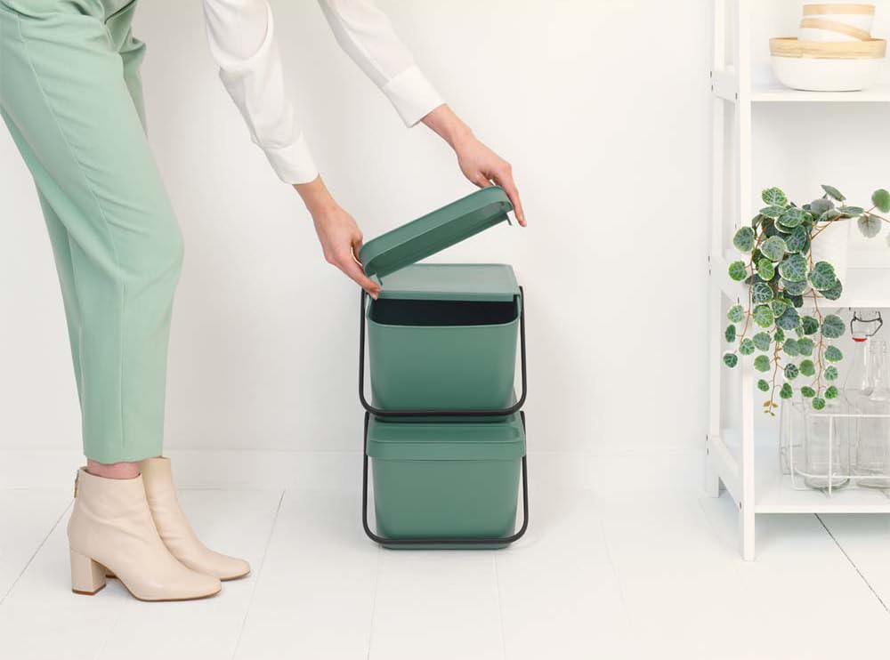 Brabantia Sort & Go Stackable 5.3 Gallon Recycling Wastebasket (Fir Green) Flat Top Trash Can with Carry Handle, Storage Bin, Paper Basket - 11 x 17.7 x 8.9 inches