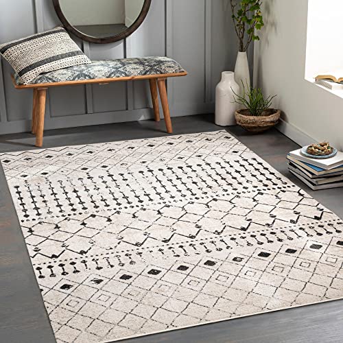 Mark&Day Washable Rugs, 8x10 Mary Global Cream Area Rug, Black Beige Carpet for Living Room, Bedroom or Kitchen (7'10" x 10', Machine Washable)