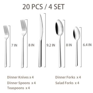 20-Piece Silverware Set Stainless Steel Flatware Set, Mirror Polished Eating Utensils Set for 4, Include Fork Spoon Knife, Dishwasher Safe(silver)