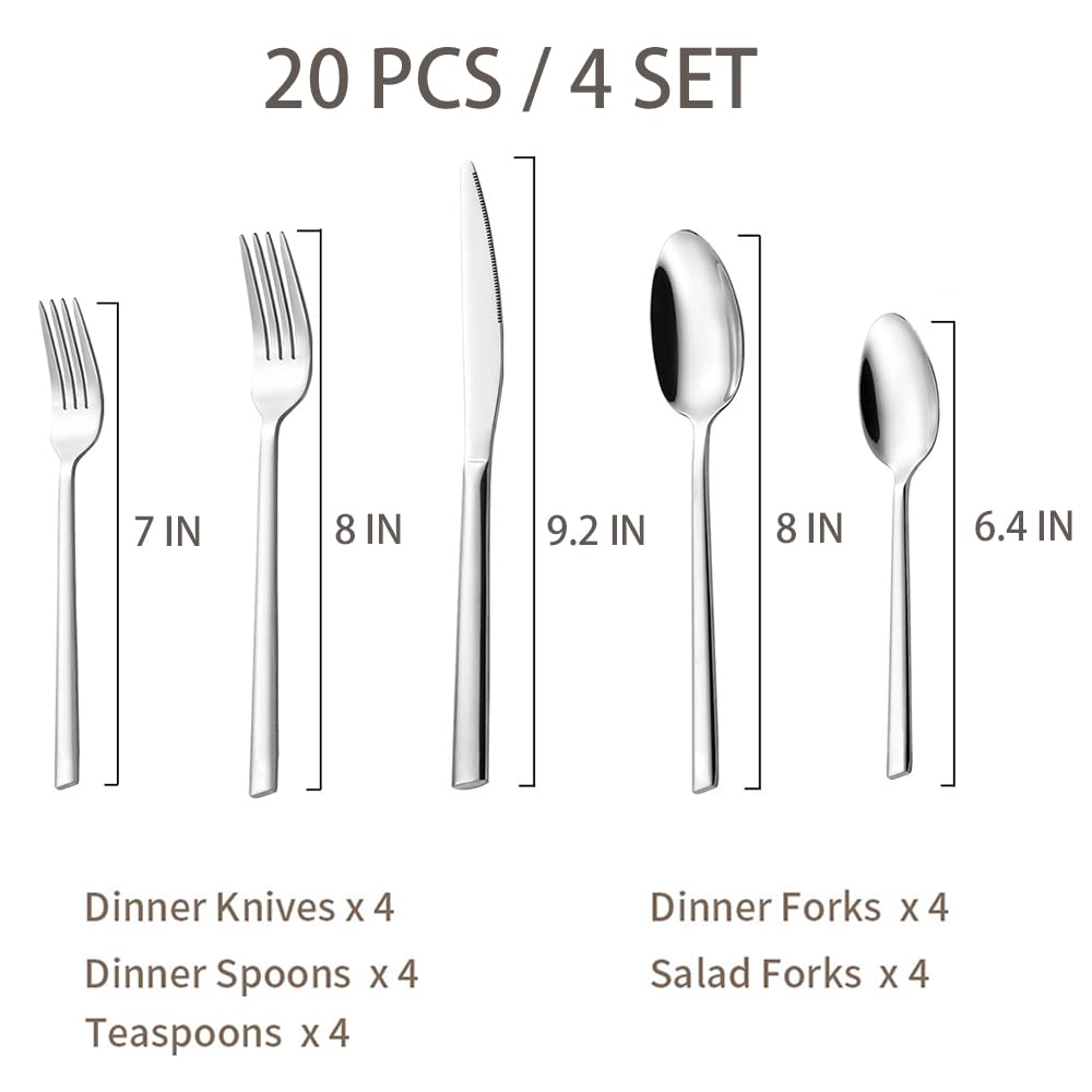 20-Piece Silverware Set Stainless Steel Flatware Set, Mirror Polished Eating Utensils Set for 4, Include Fork Spoon Knife, Dishwasher Safe(silver)