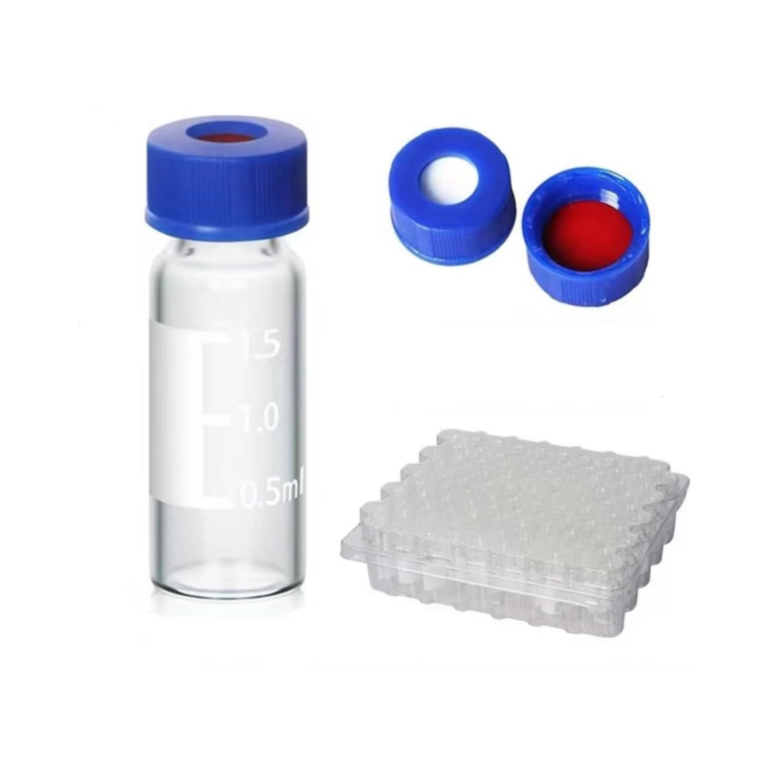 2ml HPLC Vial, 9-425 Borosilicate Autosamper Vial with Graduation, Clear Sample Vial and 9mm Blue Screw Cap with Hole, Red PTFE&White Silicone Septa, Pack of 100