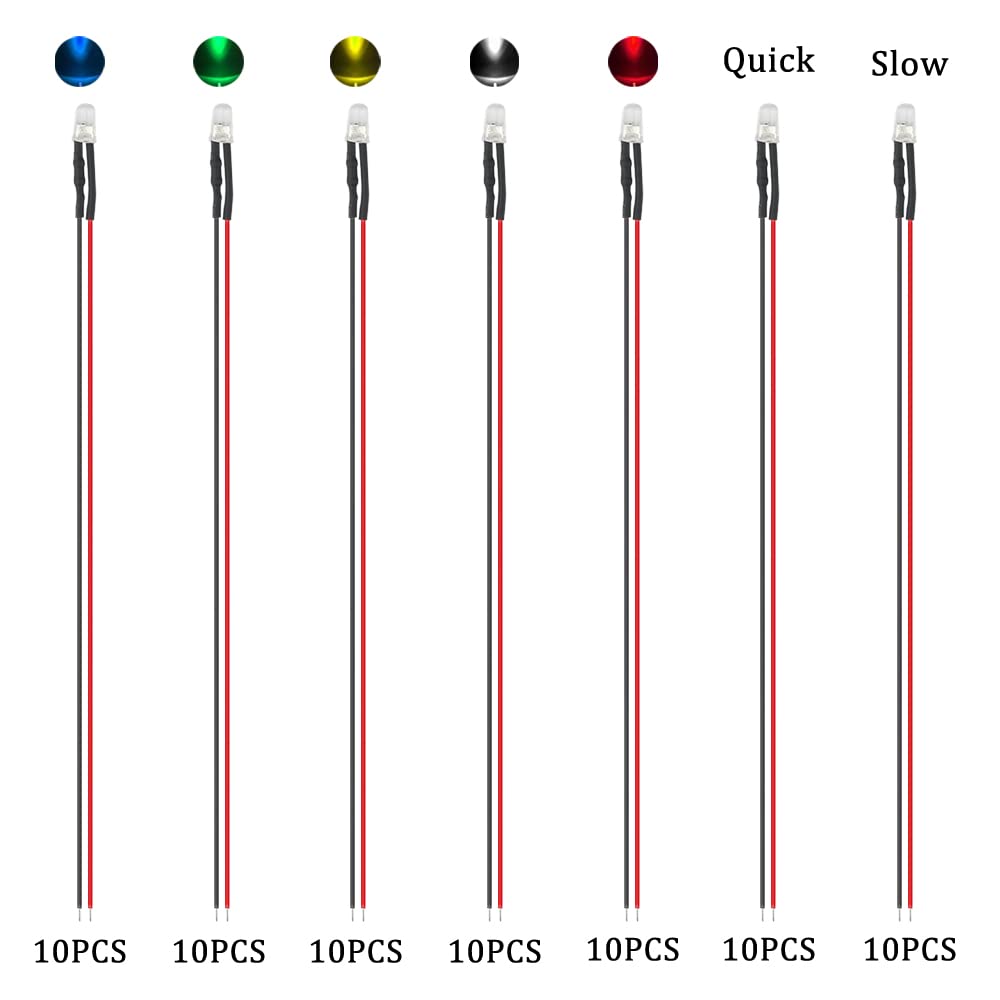 XINGYHENG 70Pcs 12V DC 5mm Pre Wired Light Emitting Diodes 7.1Inch Mixed Color(7 Colors x 10pcs) + 20pcs 5mm Lamp Holder+10 PCS 9V Battery Clip Connector