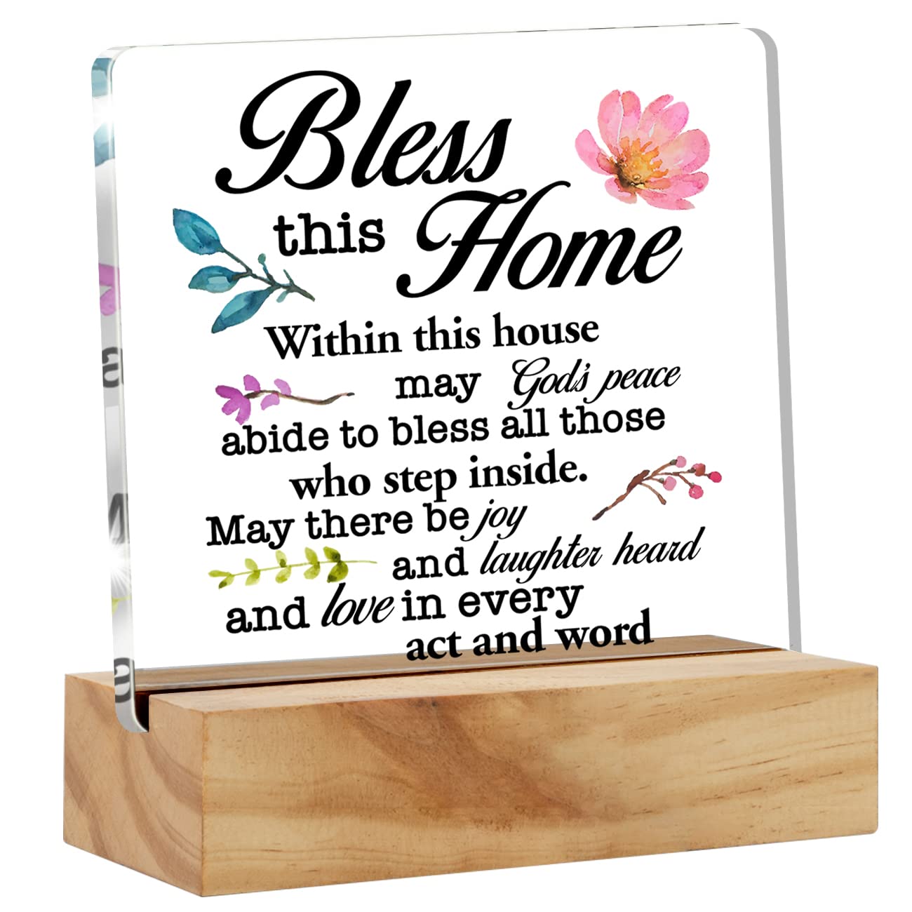 Inspirational House Warming Gifts Home Bless this Home Quote Desk Decor House Blessing Religious Acrylic Desk Plaque Sign with Wood Stand Home Office Desk Sign Keepsake