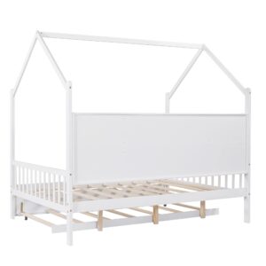 Harper & Bright Designs Full Size House Bed with Trundle, Wood Full House Bed Frame with Shelf Compartment, Full House Bed for Kids with Roof for Girls, Boys,No Box Spring Needed, White