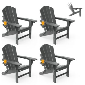 mdeam folding adirondack chair set of 4, adjustable backrest, fire pit chairs with cup holder, hdpe all weather for patio lawn deck campfire garden outdoor, grey