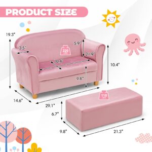 INFANS Kids Sofa with Ottoman, 2 Seat Toddler Upholstered Couch, Children Armrest Chair Lounge for Nursery Kindergarten Kids Room Boys Girls, Sturdy Wood Construction Velvet Surface (Pink, 2 Seats)