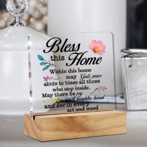 Inspirational House Warming Gifts Home Bless this Home Quote Desk Decor House Blessing Religious Acrylic Desk Plaque Sign with Wood Stand Home Office Desk Sign Keepsake