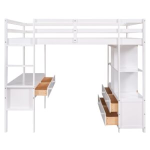 Full Loft Bed with Desk and Storage Cabinet, Wood Full Size Loft Beds Frame with Bookcase and Shelves, Modern Full Loft Bed for Kids Teens Adults Boys Girls (Loft Bed Full Size, White)