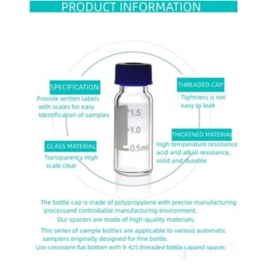 2ml HPLC Vial, 9-425 Borosilicate Autosamper Vial with Graduation, Clear Sample Vial and 9mm Blue Screw Cap with Hole, Red PTFE&White Silicone Septa, Pack of 100