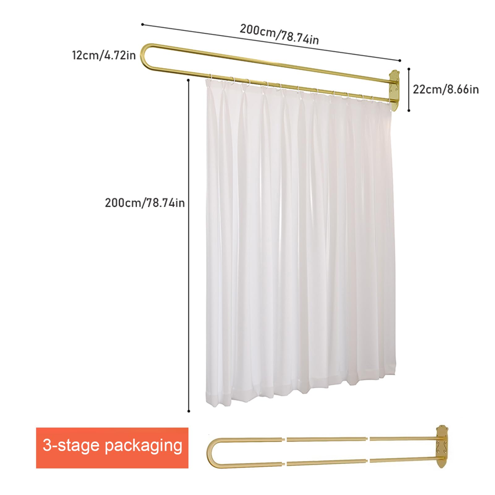 Privacy Partition Curtains, U-Shape Room Divider, Metal Support Wall Mounted Curtains, 6.56ft White Flat Hooks Medical Curtain for Fitting Room Beauty Salon Bedroom (White, 6.56ft)