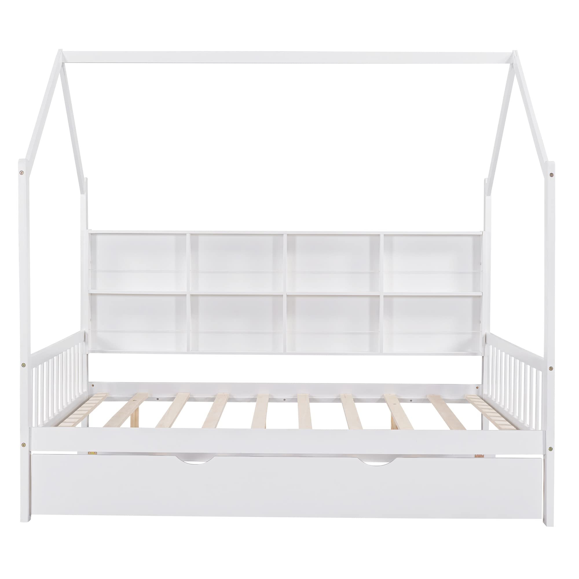 Harper & Bright Designs Full Size House Bed with Trundle, Wood Full House Bed Frame with Shelf Compartment, Full House Bed for Kids with Roof for Girls, Boys,No Box Spring Needed, White