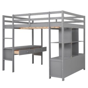 Bellemave Full Loft Bed with Desk and Storage Drawers Wood Beds Frame Bookcase Shelves for Dorm Bedroom Size Bunk Kids Adults Boys Girls Teens, Gray