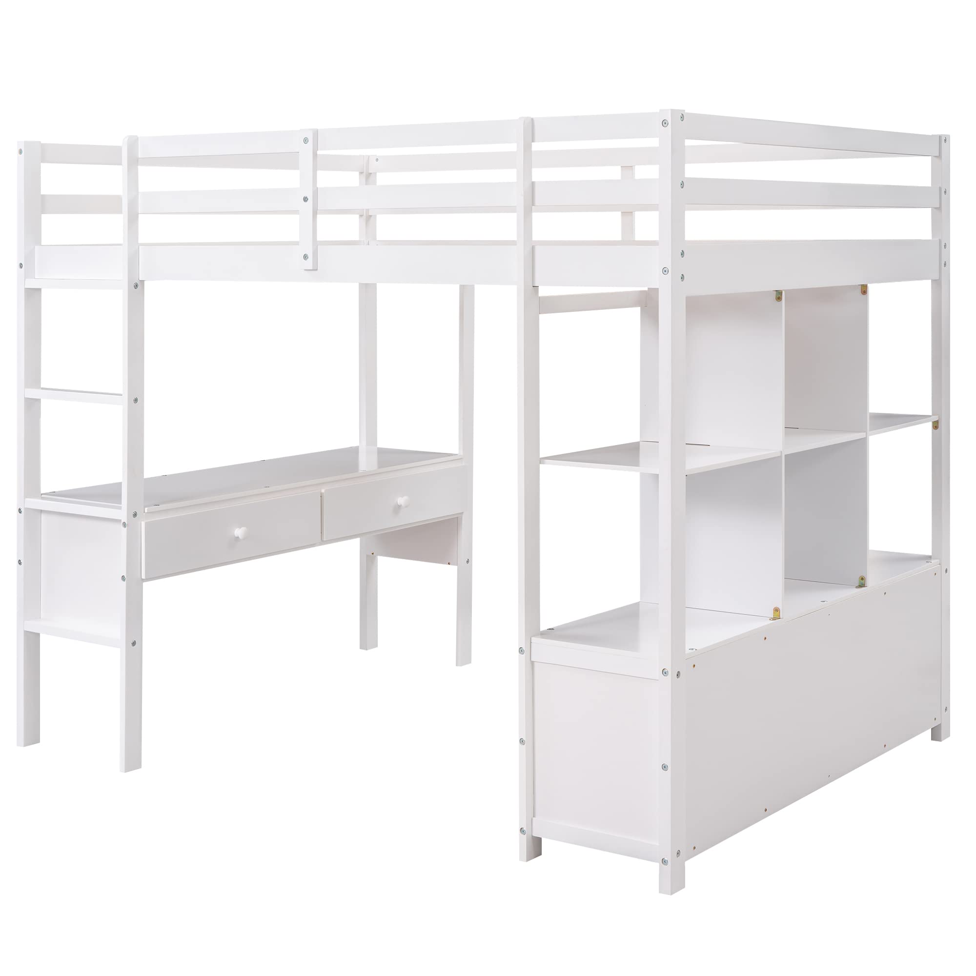 Full Loft Bed with Desk and Storage Cabinet, Wood Full Size Loft Beds Frame with Bookcase and Shelves, Modern Full Loft Bed for Kids Teens Adults Boys Girls (Loft Bed Full Size, White)