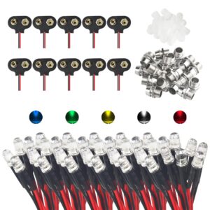 xingyheng 70pcs 12v dc 5mm pre wired light emitting diodes 7.1inch mixed color(7 colors x 10pcs) + 20pcs 5mm lamp holder+10 pcs 9v battery clip connector