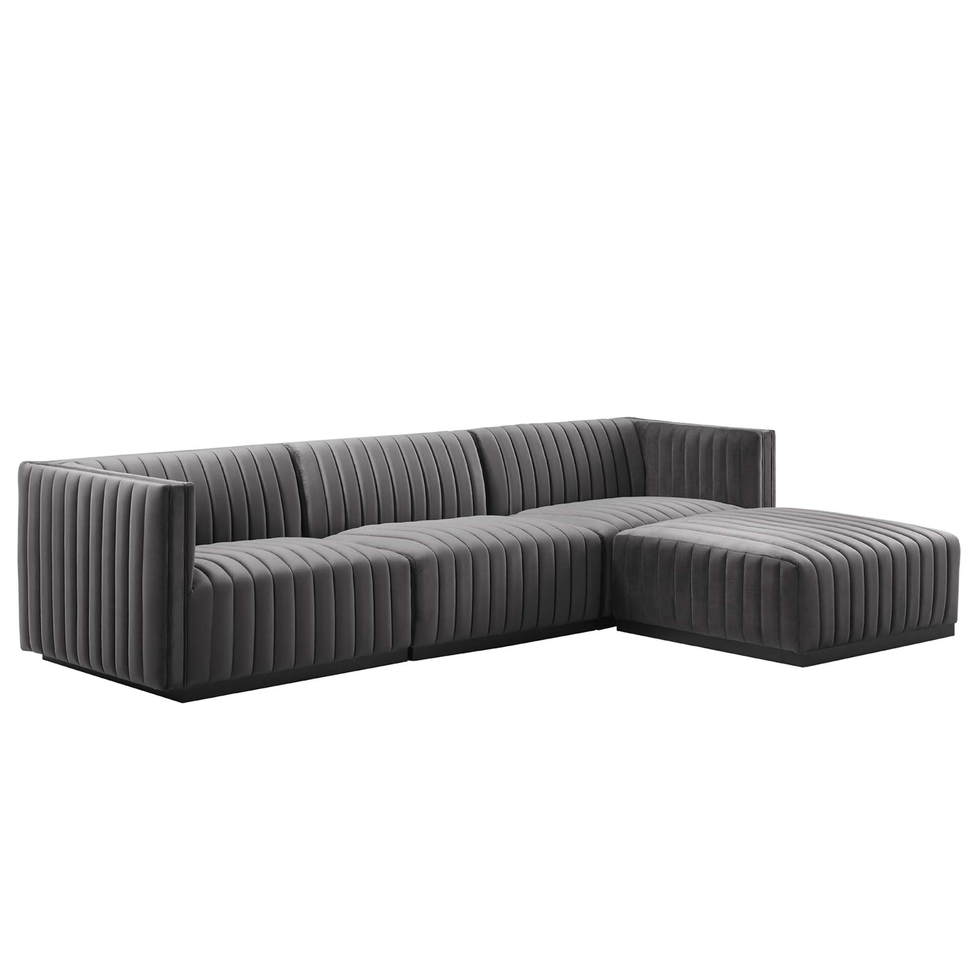 Modway Conjure Channel Tufted Performance Velvet Sectional, 4-Piece w/Chaise, Black Gray