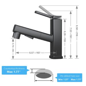 HANLIAN Single Hole Pull Out Faucet for Bathroom Sink, Black Sink Faucet Bathroom, One Handle Modern Bathroom Faucet with Pull Down Sprayer, 3 Modes Bathroom Pull Out Faucet with Rotating Spout