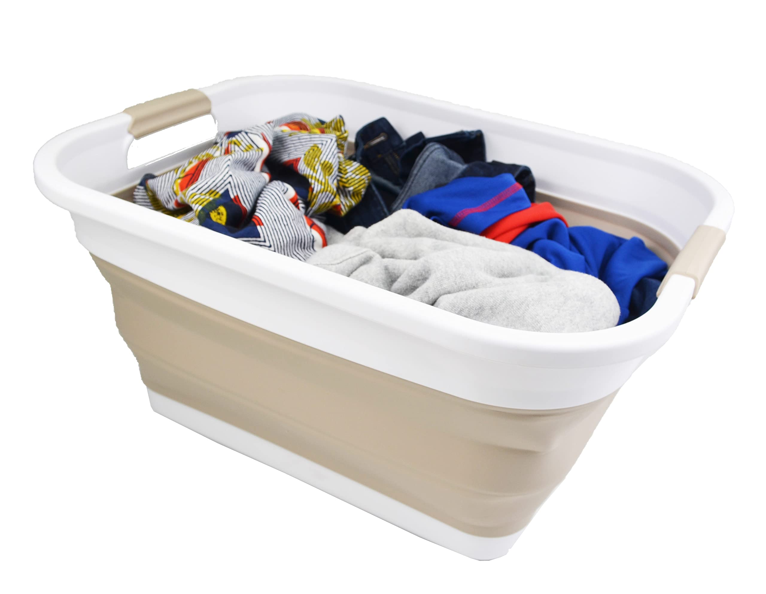 SAMMART 36L (9.5 gallon) Collapsible Plastic Laundry Basket - Foldable Pop Up Storage Container/Organizer - Portable Washing Tub - Space Saving Hamper/Basket (White/Latte (Set of 2))