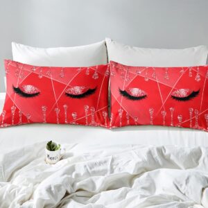 Feelyou Eyelash Duvet Cover Eyes Pattern Design Comforter Cover Glitter Print (No Glitter) Red Bedding Set for Adults Modern Simple Lovely Bedspread Cover Ultra Soft Quilt Cover 3Pcs Queen Size