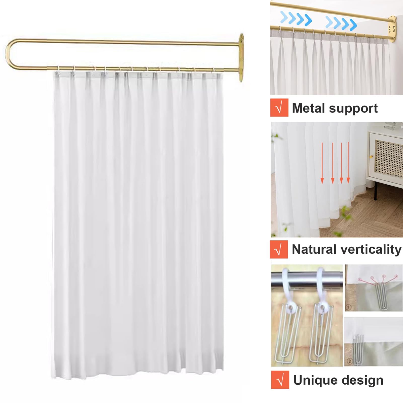 Privacy Partition Curtains, U-Shape Room Divider, Metal Support Wall Mounted Curtains, 6.56ft White Flat Hooks Medical Curtain for Fitting Room Beauty Salon Bedroom (White, 6.56ft)