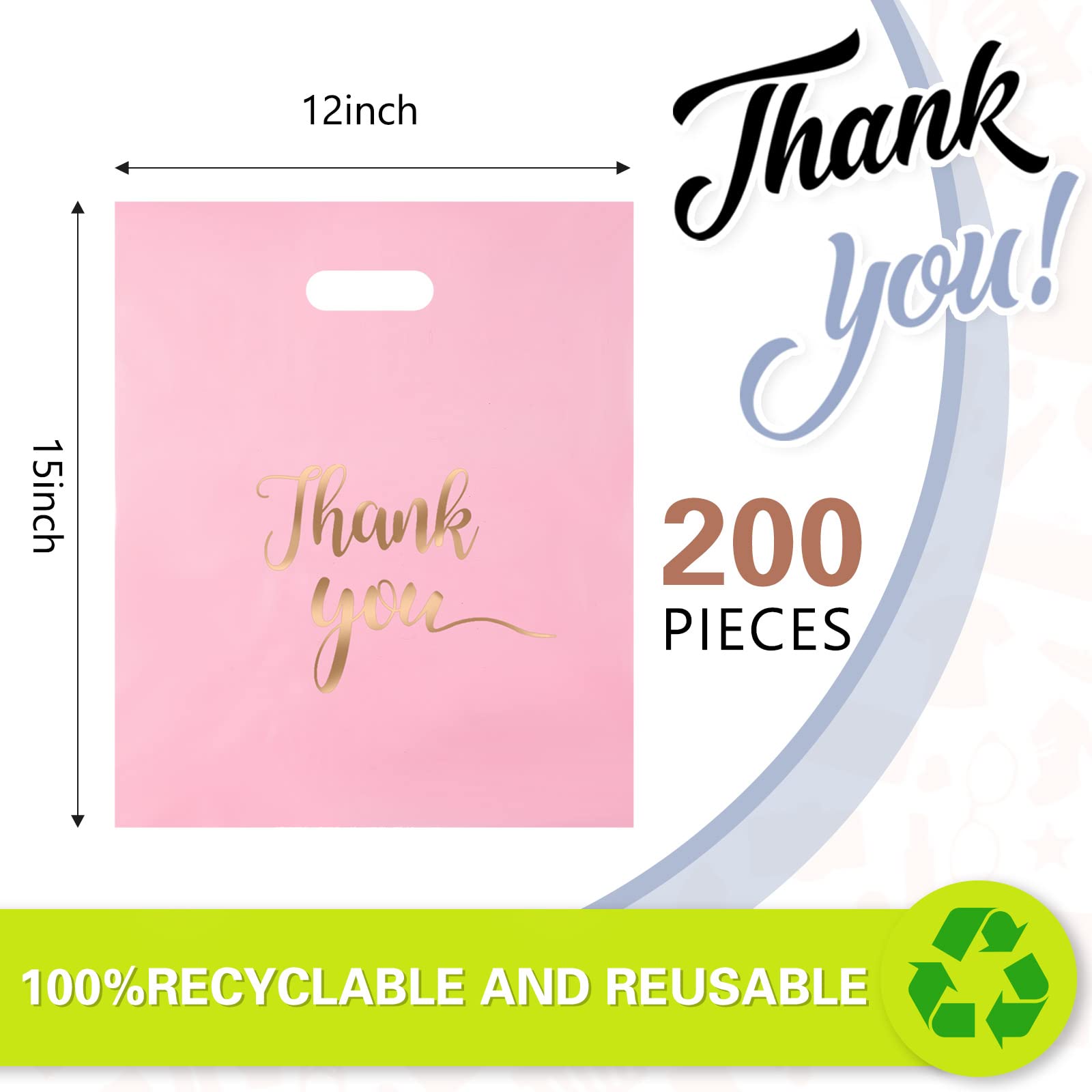 200 Pieces Plastic Thank You Bags Plastic Shopping Bags for Small Business Pink Gift Bags with Handles Merchandise Bags with Gold Thank You Logo for Party Stores Business Gift Supplies (12 x 15 Inch)