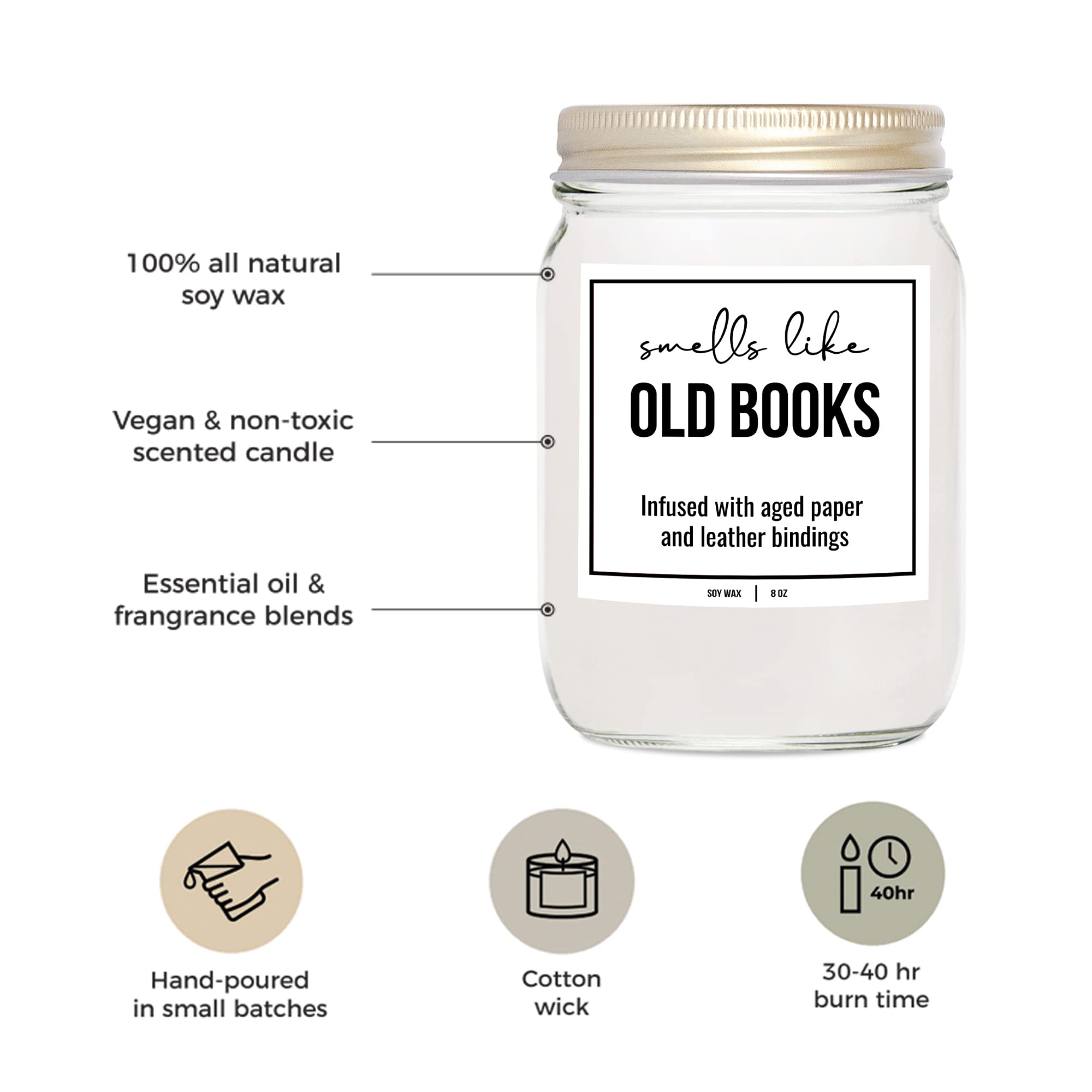 YouNique Designs Book Lovers Candle - White Soy Candles for Home Scented Book Lovers Gifts for Women, Funny Book Candles Gifts for Women, 8 oz, Old Books Scented Candles