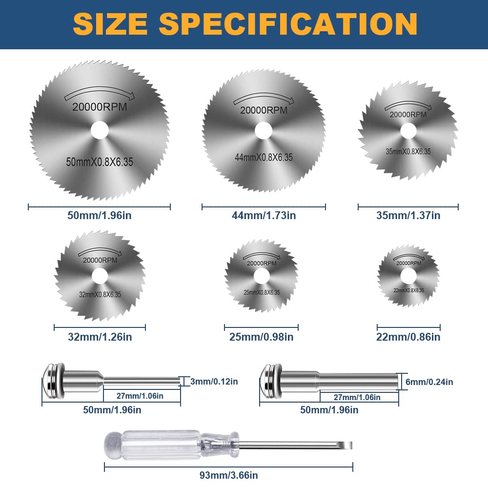 Drill Saw Blades for Dremel Rotary Tool 6Pcs HSS Saw Disc Wheel Cutting Blades with 2Pcs 1/8" Round Shank,1Pcs 1/4" Round Shank for Wood Plastic Aluminum Cutting(One Screwdriver)