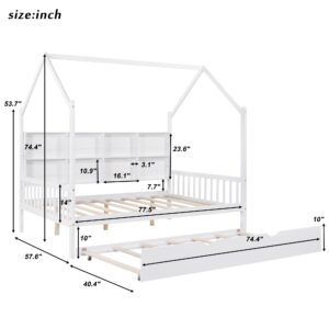 Harper & Bright Designs Full Size House Bed with Trundle, Wood Full House Bed Frame with Shelf Compartment, Full House Bed for Kids with Roof for Girls, Boys,No Box Spring Needed, White