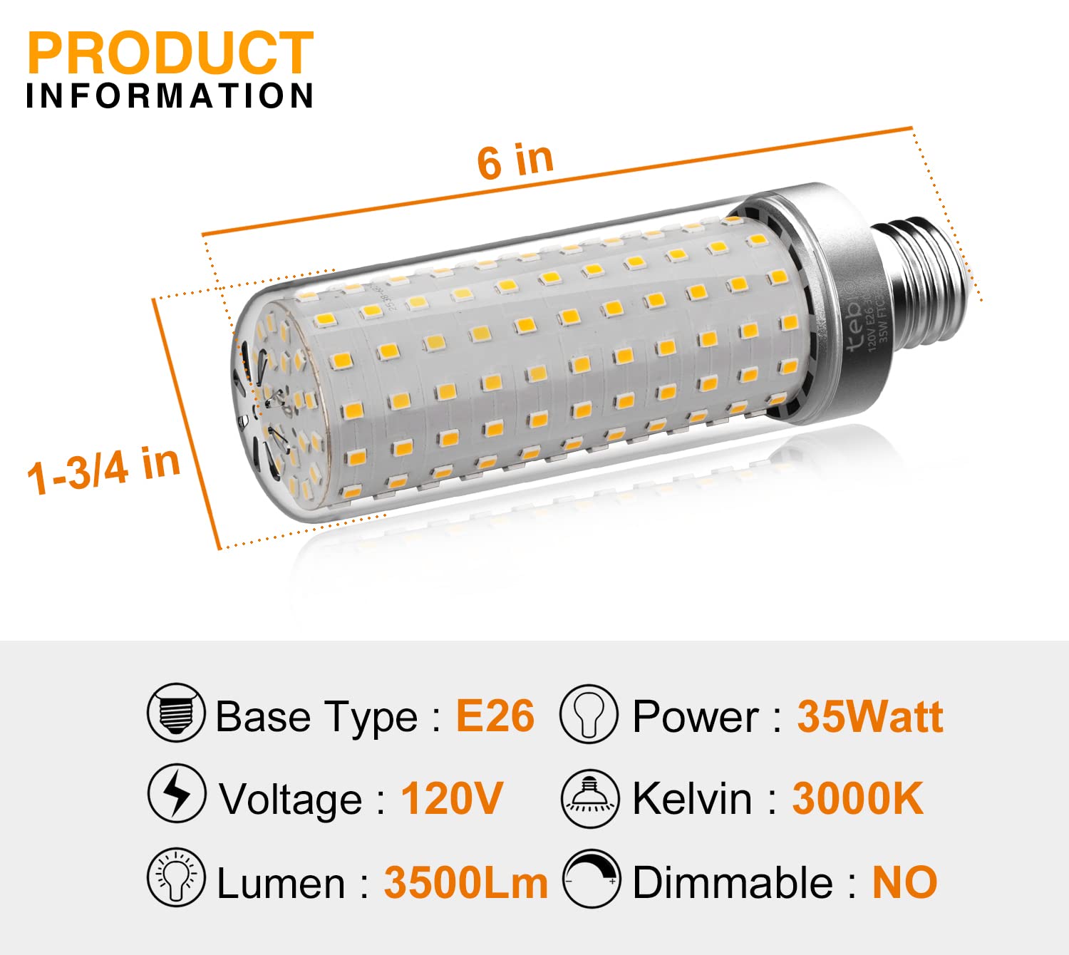 tebio 35W Warm LED Light Bulb 300W Equivalent 3500 Lumen Warm White 3000K, E26/E27 Base Non-dimmable LED Corn Bulbs 3-Pack