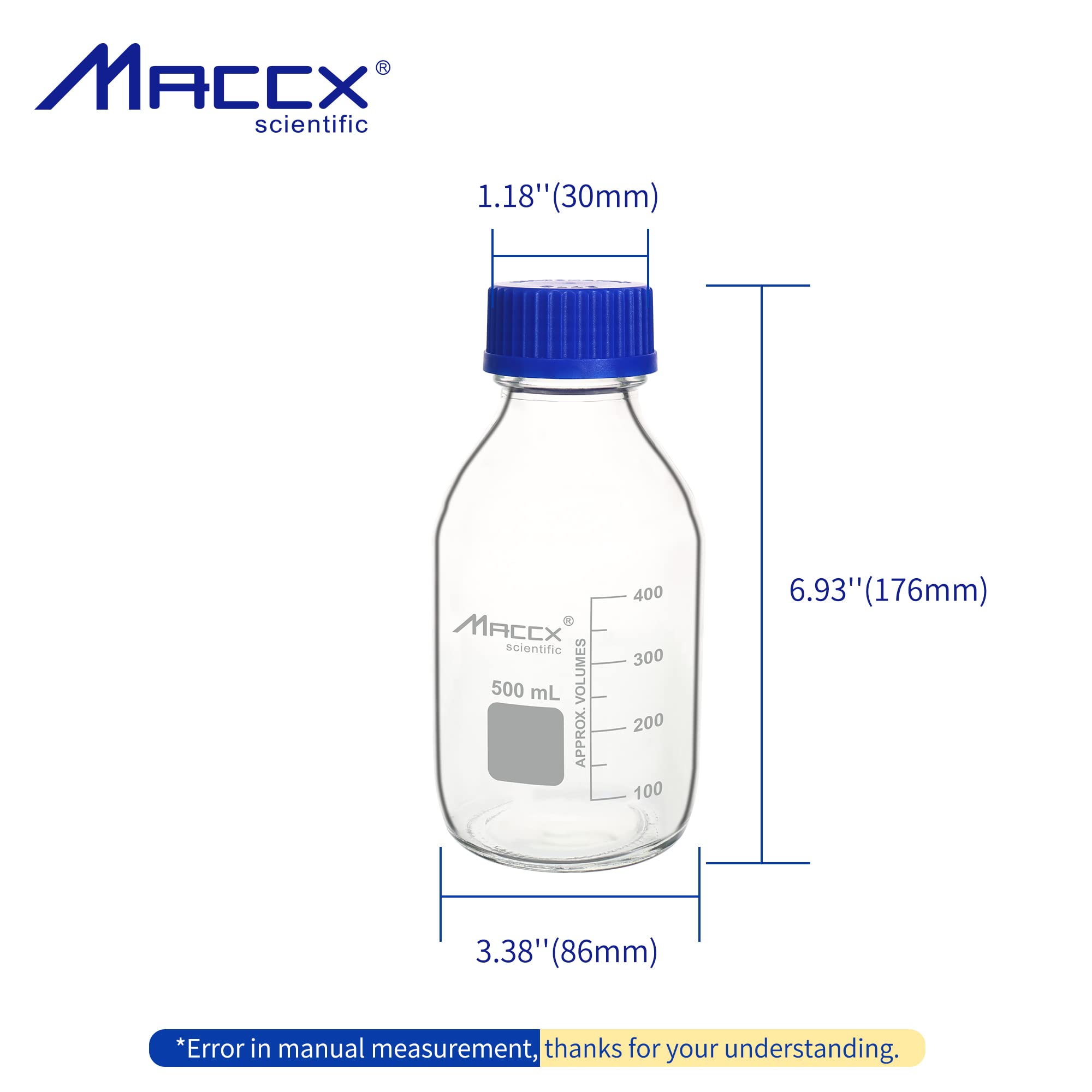 Maccx 17oz (500ml) Glass Round Media Storage Bottles,Pack of 6, Heavy-duty Borosilicate Glass Bottle with GL45 Screw Cap, GL45RB500-006