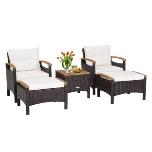 happygrill 5 pieces patio furniture set outdoor pe wicker lounge chair and ottoman set with cushions and side table with acacia wood tabletop, outdoor conversation set for garden poolside backyard