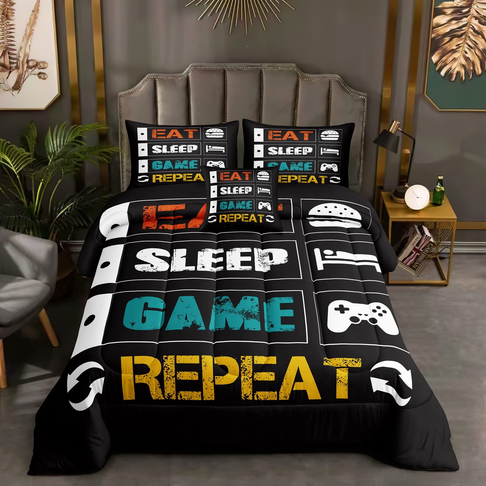 ROWADALO 6 Pieces Gaming Bedding Set for Boys Gamer Comforter Set Full Size,Game Controller Comforter for Boys Kids Teen 3D Gamepad Microfiber Bedding Sets 6 Pieces Bed in A Bag Sets-H5008,Full