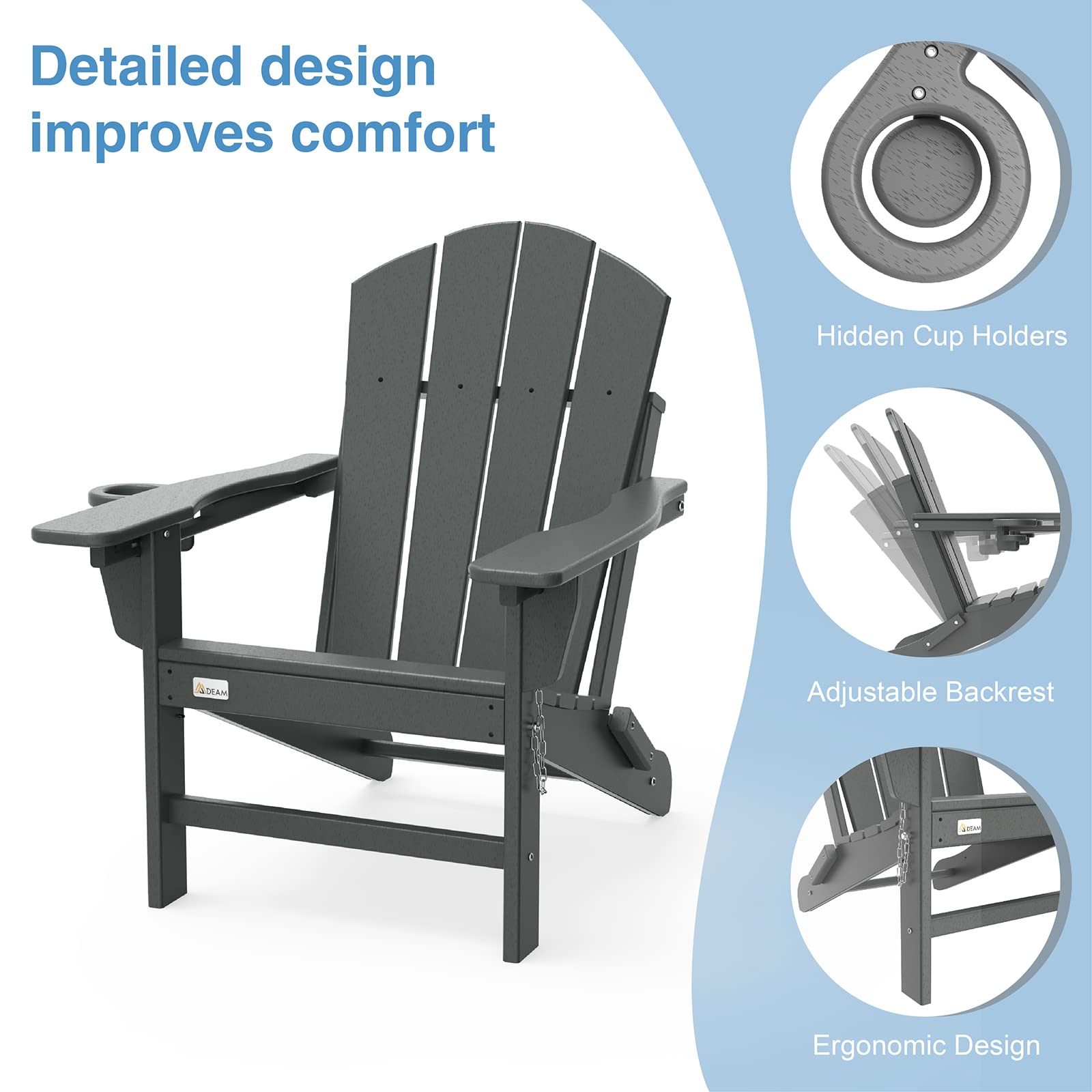 Mdeam Folding Adirondack Chair Set of 4, Adjustable Backrest, Fire Pit Chairs with Cup Holder, HDPE All Weather for Patio Lawn Deck Campfire Garden Outdoor, Grey