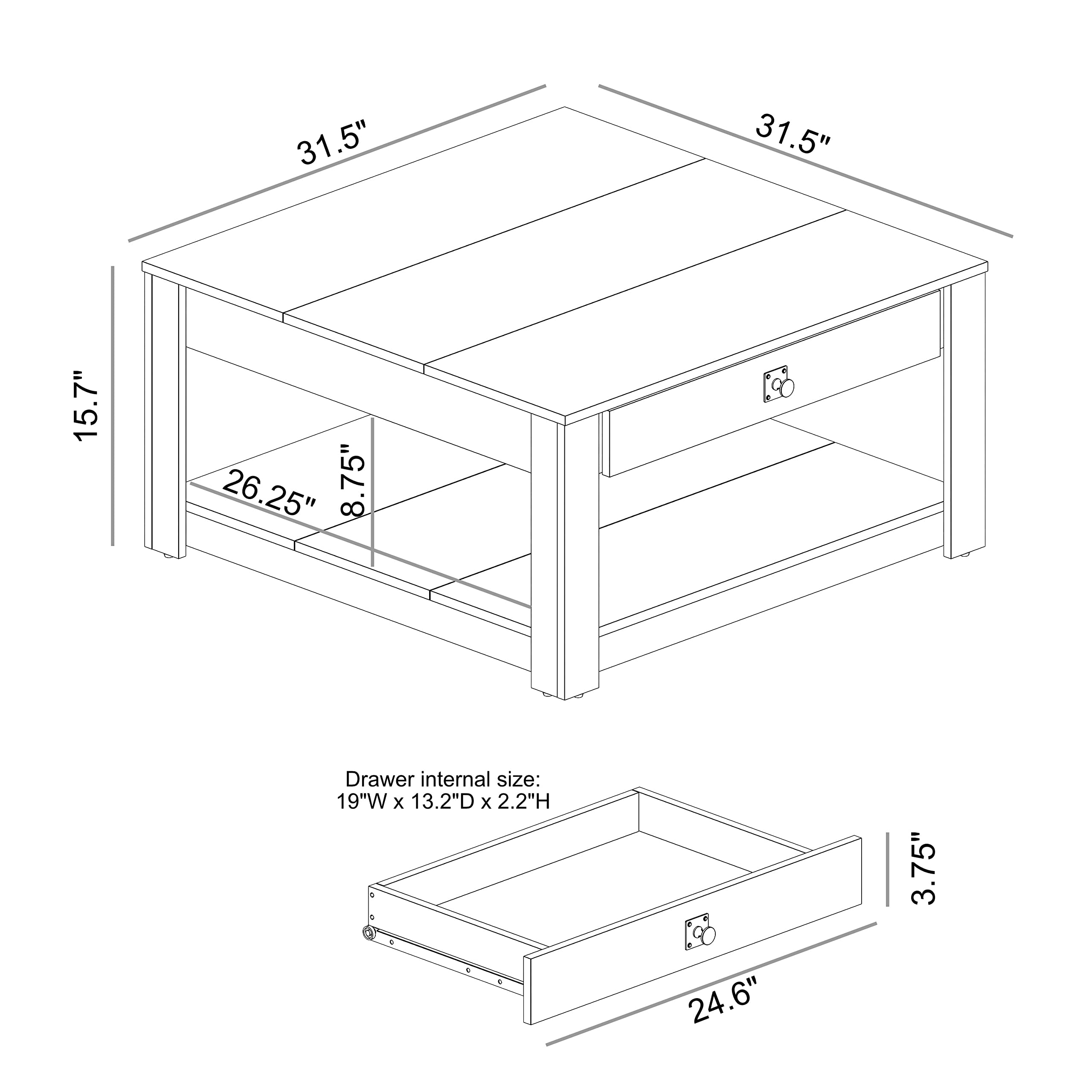 Galano Philia Coffee Table, Modern Top Rectangular Coffee Table with Storage Drawer, 2 Tier Center Table for Living Room, Office, Balcony, 31.5" D x 31.5" W x 16.34" H, Dusty Grey Oak