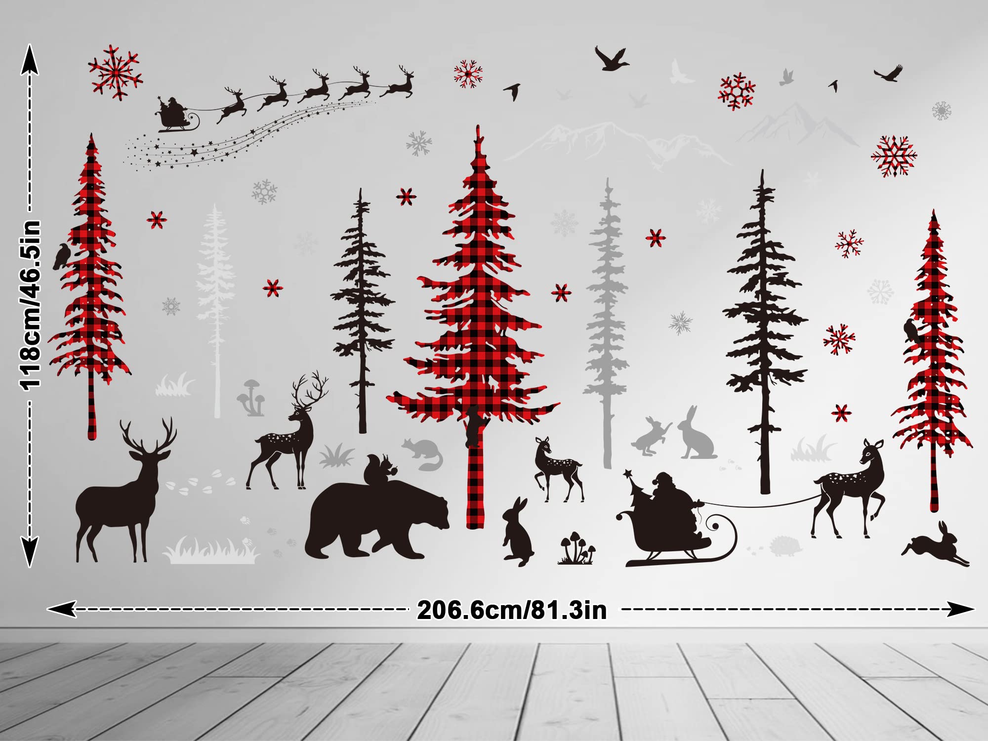 Whaline Christmas Wall Stickers Roll Red Black Plaid Xmas Tree Wall Floor Decor Forests Animals Prints Waterproof Art Wallpaper Winter Scenes Double Side Window Decals for Xmas DIY Home Party Decor