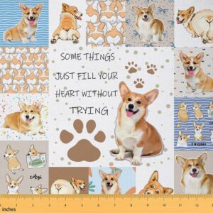 feelyou cartoon dachshund fabric by the yard, cute corgi dog upholstery fabric for chairs sofa couch, kawaii puppy dog brown outdoor fabric waterproof, 2 yards,