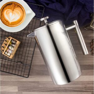 Miuly French Press Coffee Maker,21Oz Stainless Steel French Press with 3 Level Filtration System，Double Wall Insulated French Press with 4 Filters and 1 Metal Spoon