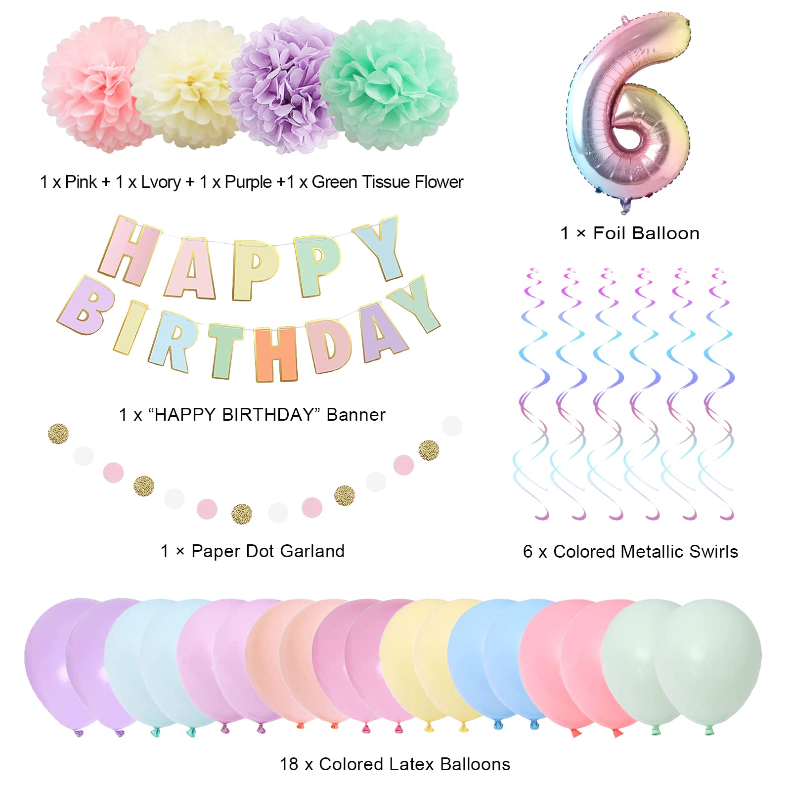 6th Birthday Decorations for Girls Boys, 40 Inch Rainbow Gradient Number 6 Balloon, 6th Birthday Balloon, Happy Birthday Banner, Children’s 6th Birthday Party Supplies for Kids