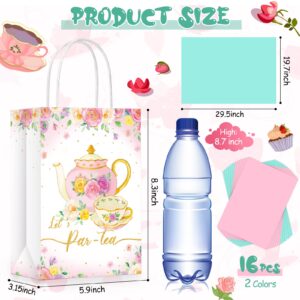 16 Pcs Tea Party Gift Bags with Tissue Paper Pink and Green Tea Party Goodie Treat Bags Spring Themed Bags Tea Baby Girl Paper Bags Floral Tea Party Supplies for Girl Kid Birthday Baby Shower Party