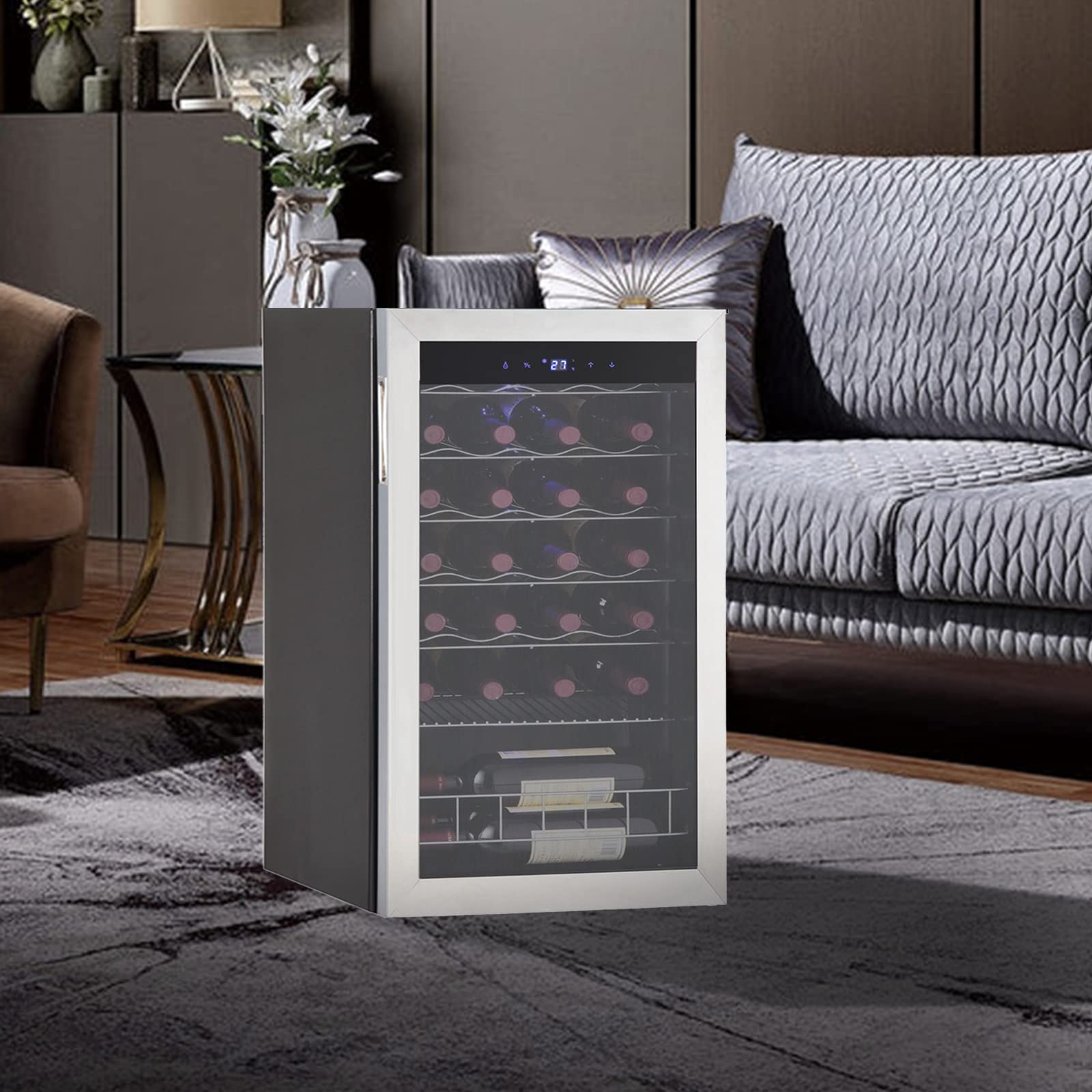 Techomey Wine Fridge Freestanding, 28 Bottle Compressor Wine Cooler Refrigerator with Digital Thermostat and Glass Door, Stainless Steel