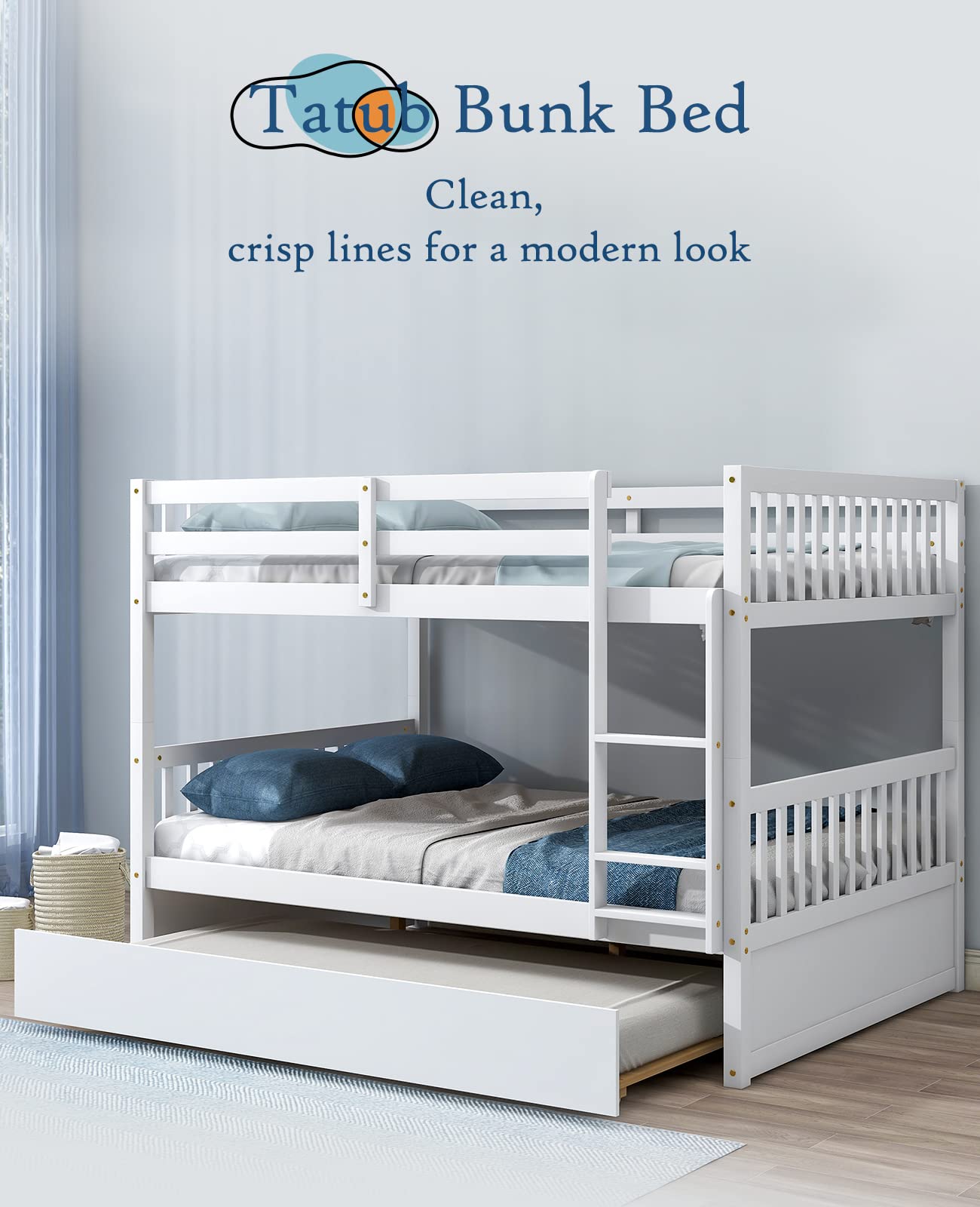 Tatub Full Over Full Bunk Bed with Trundle, Pine Wood Frame, Ladder and Guard Rails, Solid Bunk Bed with Trundle for Kids, Teens, Adults, No Box Spring Needed, Grey